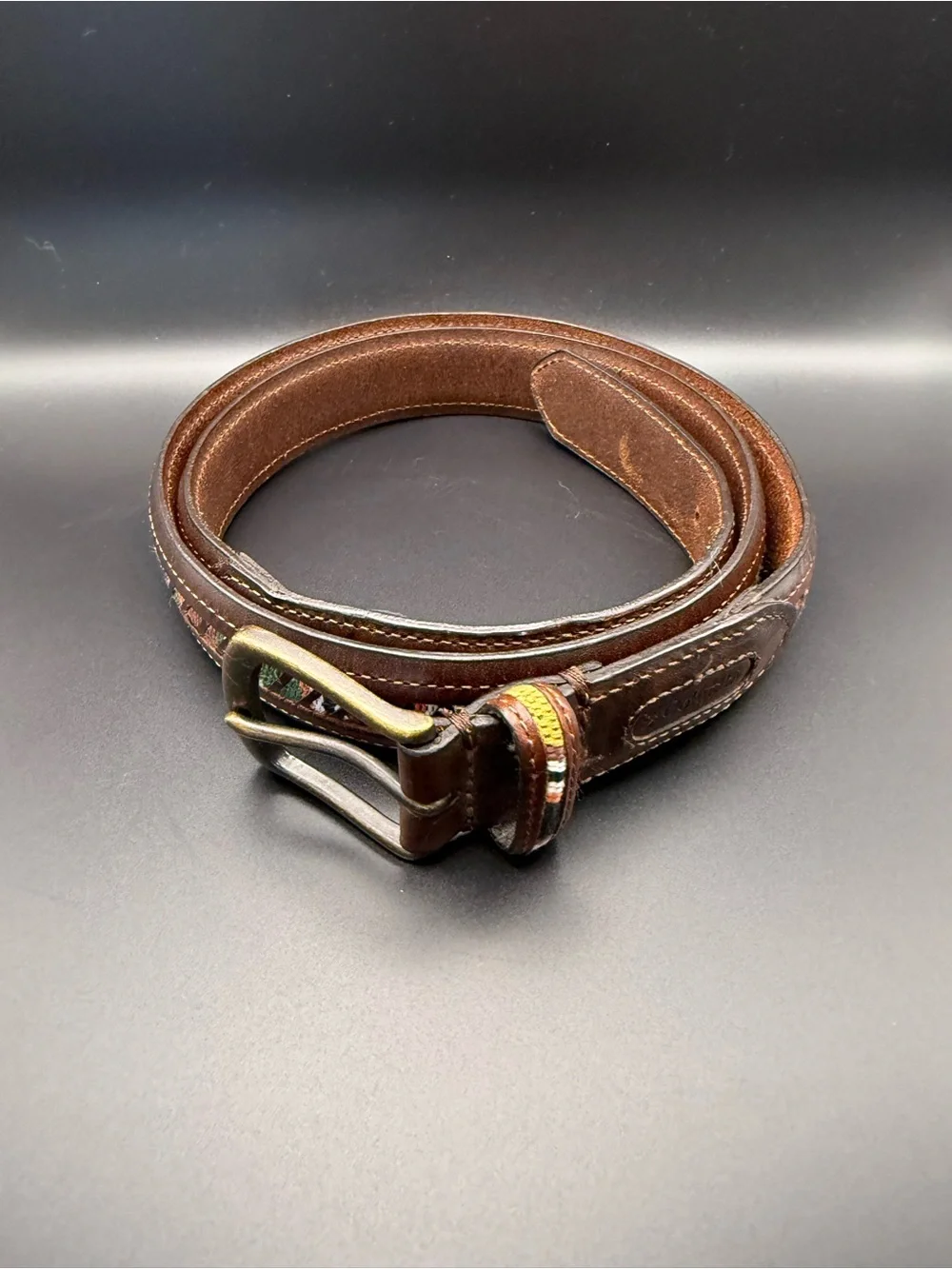 Columbia Brown Leather Belt with Multicolor Woven Accent